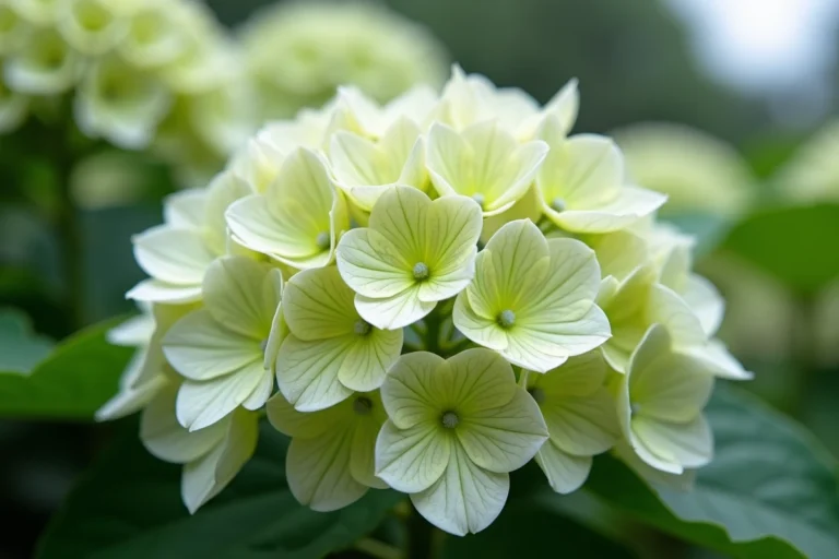 Gros plan sur des hortensias blancs virant au vert dans un jardin, montrant la transition naturelle de couleur des fleurs