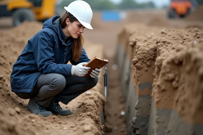 Ingénieure de chantier inspectant une coupe de sol dur lors d'une analyse de terrain pour terrassement