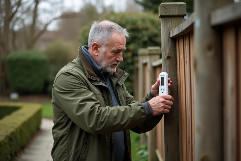 Homme installant un thermomètre extérieur numérique sur un poteau de clôture en bois dans un jardin de banlieue