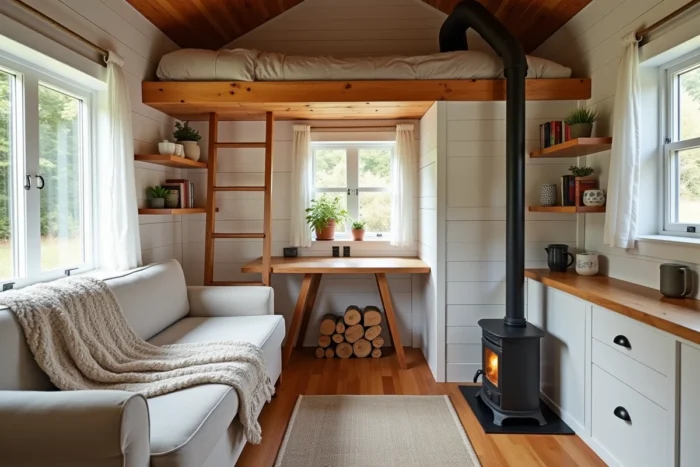 Intérieur cosy d'une tiny house avec mezzanine, rangements intégrés et poêle à bois, aménagement optimisé petit espace