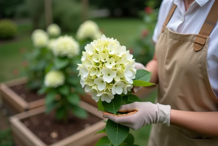 Jardinière examinant une tige d'hortensia blanc devenu vert, tenant la fleur dans ses mains dans un jardin résidentiel soigné
