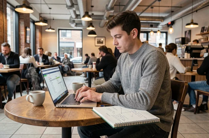 Jeune entrepreneur travaillant seul sur son business plan avec un ordinateur portable et des notes manuscrites dans un café urbain