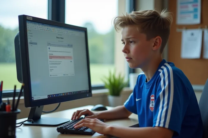 Jeune footballeur devant un ordinateur de bureau en train de finaliser la réinitialisation de son compte Footclub FFF
