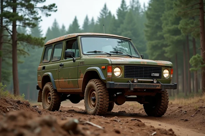 Lada Niva 4x4 2026 garé sur un chemin forestier boueux entouré de pins, vue trois quarts avant en angle bas