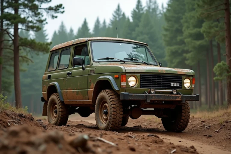 Lada Niva 4x4 2026 garé sur un chemin forestier boueux entouré de pins, vue trois quarts avant en angle bas