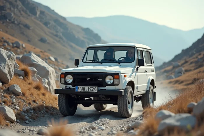 Lada Niva blanc franchissant un col rocheux de montagne, vue latérale grand angle montrant les quatre roues en action