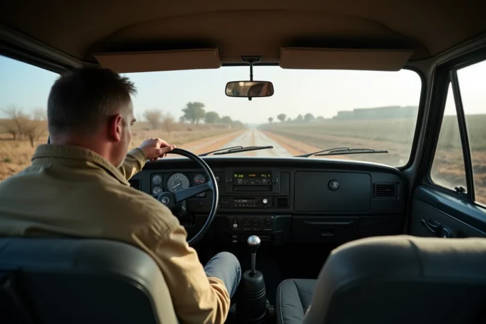 Intérieur du Lada Niva 4x4 2026 avec tableau de bord analogique et levier de transfert 4x4, conducteur au volant