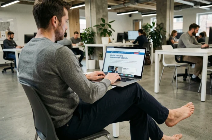 Homme en espace de coworking consultant des informations légales françaises sur la monétisation de contenus numériques incluant des photos de pieds