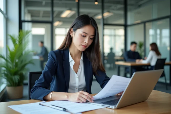 Jeune femme en alternance consultant des documents de licence professionnelle RNCP dans un bureau moderne
