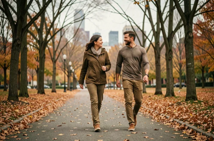 Couple marchant d'un pas vif dans un parc urbain en automne pour intégrer l'activité physique dans leur routine de santé quotidienne