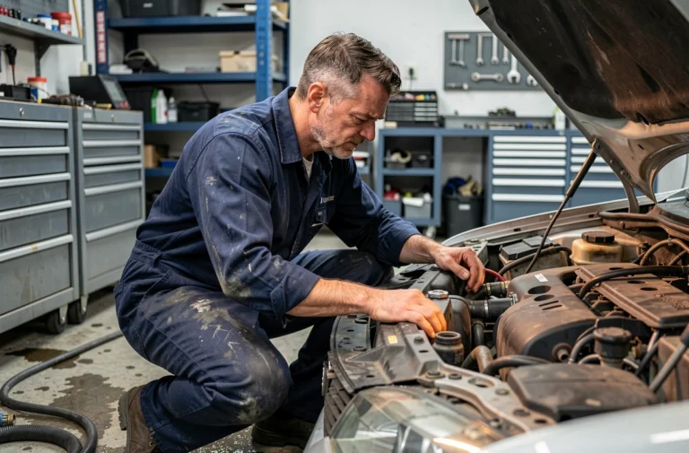 Mécanicien automobile inspectant un moteur dans un garage professionnel, illustrant le jargon automobile et l'origine du mot camtar