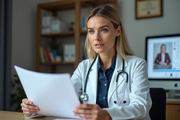 Femme médecin en blouse blanche examinant un dossier médical dans un cabinet de consultation moderne