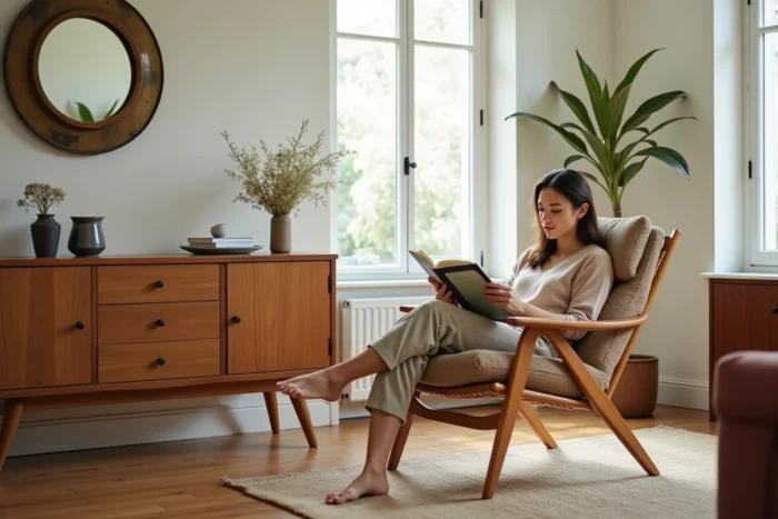 Ensemble de meubles chinés et retapés dans un intérieur slow déco, femme assise dans un fauteuil rénové en rotin