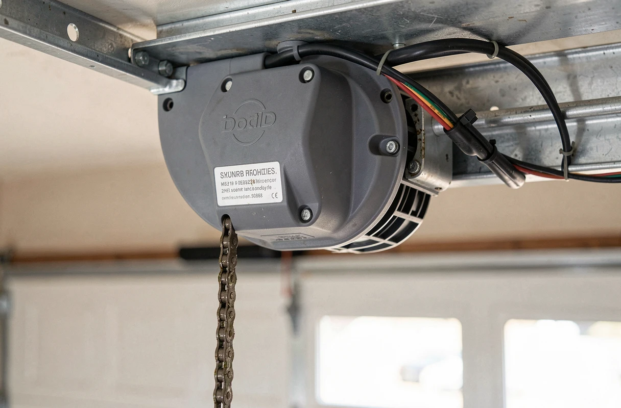 Gros plan sur le moteur électrique et le rail d'entraînement d'une porte de garage sectionnelle motorisée