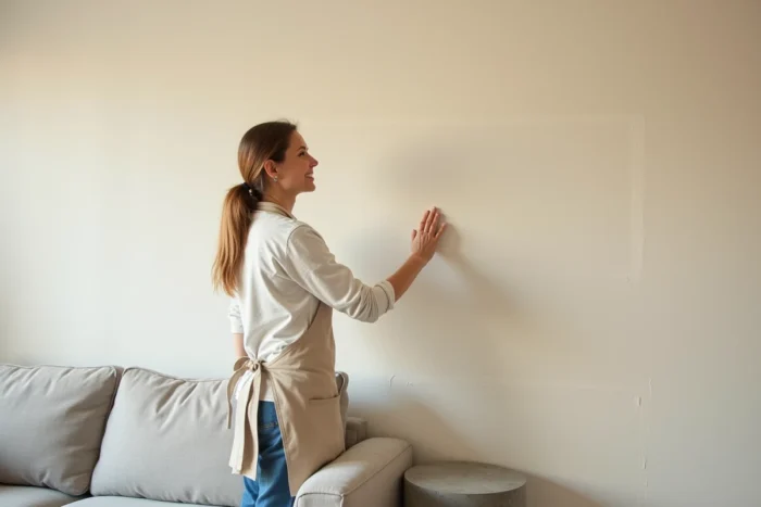 Mur d'accent avec peinture effet chaux texturée dans un salon contemporain, femme admirant le résultat mat et naturel