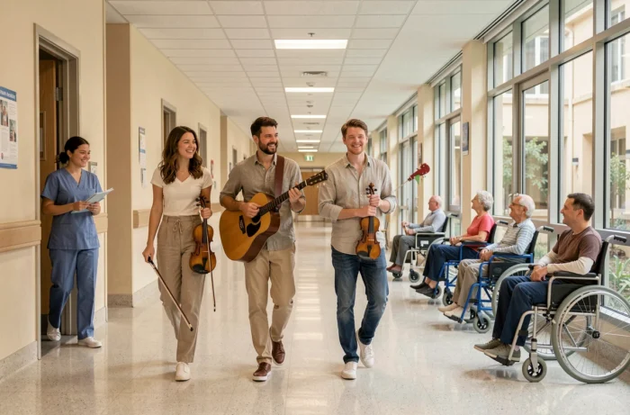 Groupe de musiciens bénévoles jouant dans un couloir d'hôpital pour égayer les patients et le personnel soignant