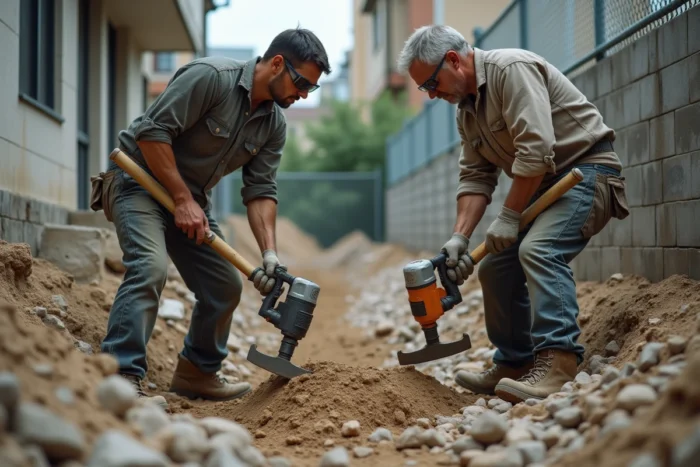 Ouvriers utilisant un marteau-piqueur et des pioches pour briser un sol rocheux dur lors de travaux de terrassement urbain