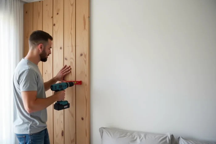 Pose de panneaux de lattes en bois naturel en DIY sur un mur de chambre, homme réalisant l'installation avec une perceuse