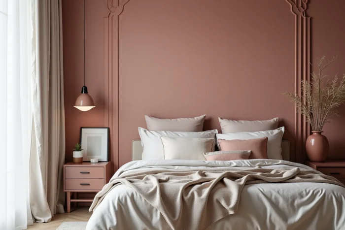 Pan de mur unique recouvert de papier peint texturé aux motifs en relief dans une chambre cosy aux tons terreux