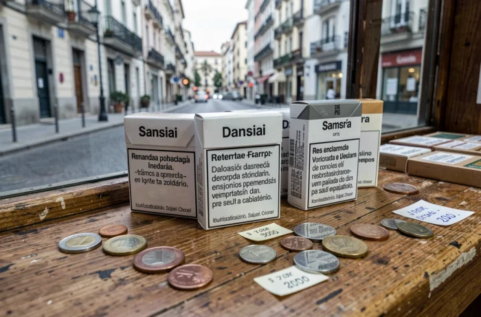 Paquets de cigarettes espagnols avec étiquettes de prix en euros et pièces de monnaie sur un comptoir de kiosque à journaux