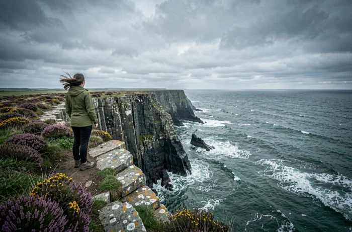 Paysage côtier sauvage de la Pointe du Raz en Bretagne avec falaises granitiques et mer agitée