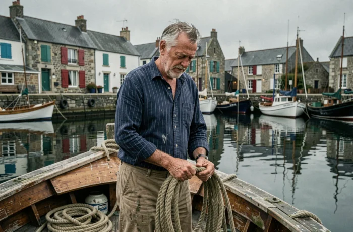 Pêcheur breton en marinière dans un port pittoresque de Bretagne avec bateaux de pêche traditionnels