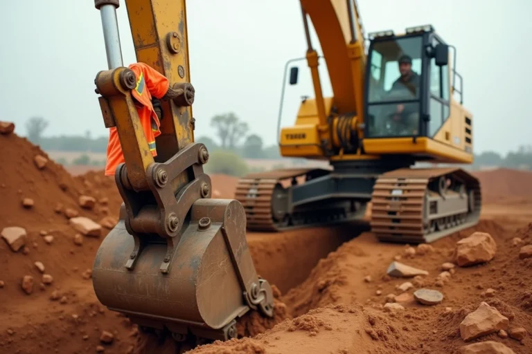 Pelleteuse hydraulique en action sur un terrain argileux compacté lors de travaux de terrassement difficile