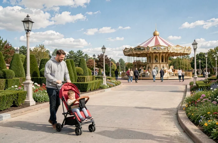 Père poussant une poussette rouge le long d'une allée d'un parc thématique familial avec un carrousel en arrière-plan