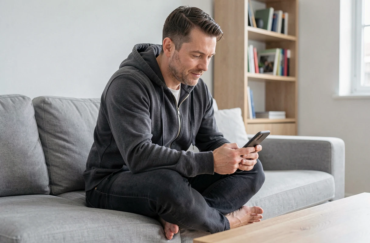 Personne naviguant sur une application mobile depuis son canapé dans un salon minimaliste