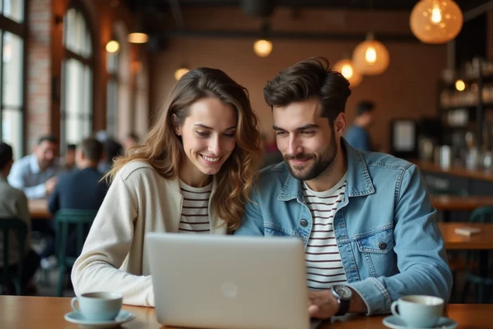 Deux personnes cherchant ensemble l'adresse correcte d'un site indisponible dans un café