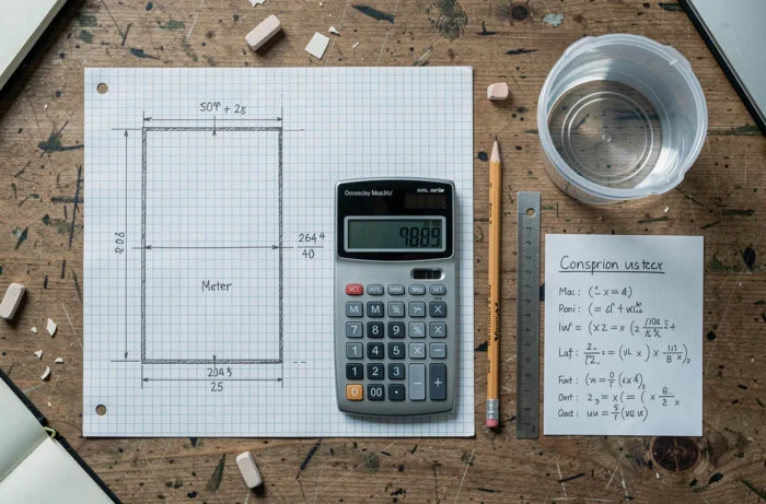 Vue aérienne d'un plan au sol avec calculatrice et formules pour convertir des mètres carrés en volume de litres