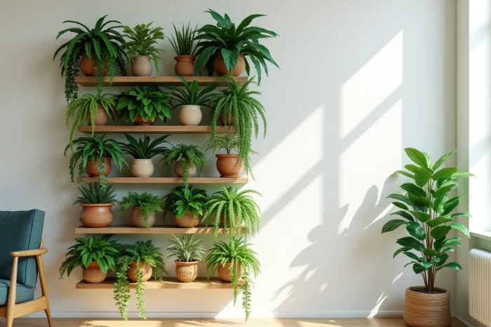 Accumulation verticale de plantes vertes en intérieur sur des étagères et suspensions dans un salon lumineux aux murs blancs