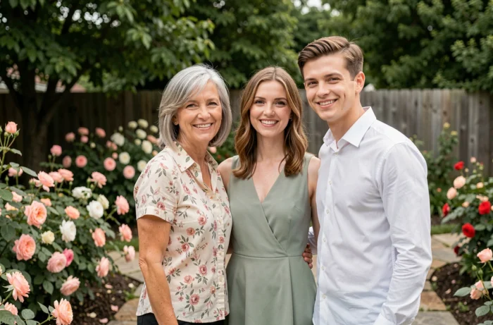 Portrait familial en extérieur d'une femme entre 50 et 60 ans posant avec sa nièce et le mari de celle-ci dans un jardin fleuri, illustrant les liens de parenté élargie