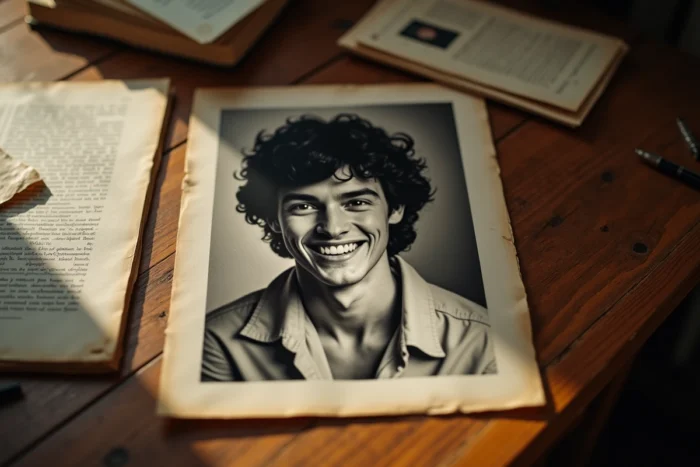 Portrait vintage en noir et blanc d'un chanteur charismatique posé sur une table en bois avec des souvenirs anciens
