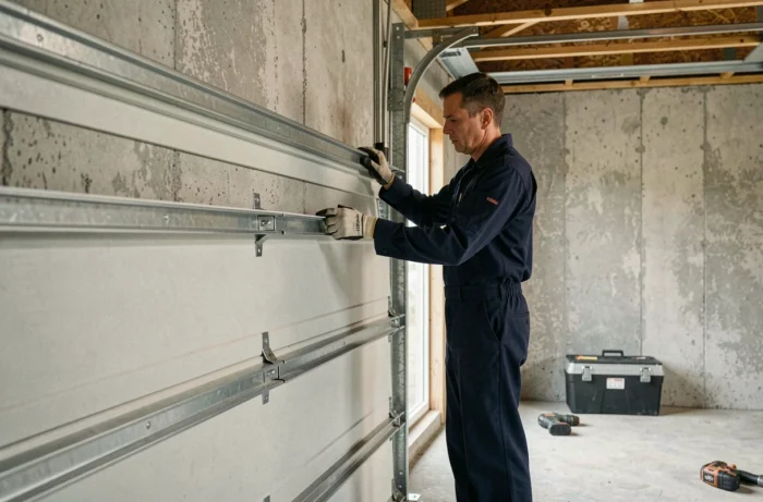 Installateur professionnel en train de poser les rails d'une porte de garage sectionnelle dans un garage en béton