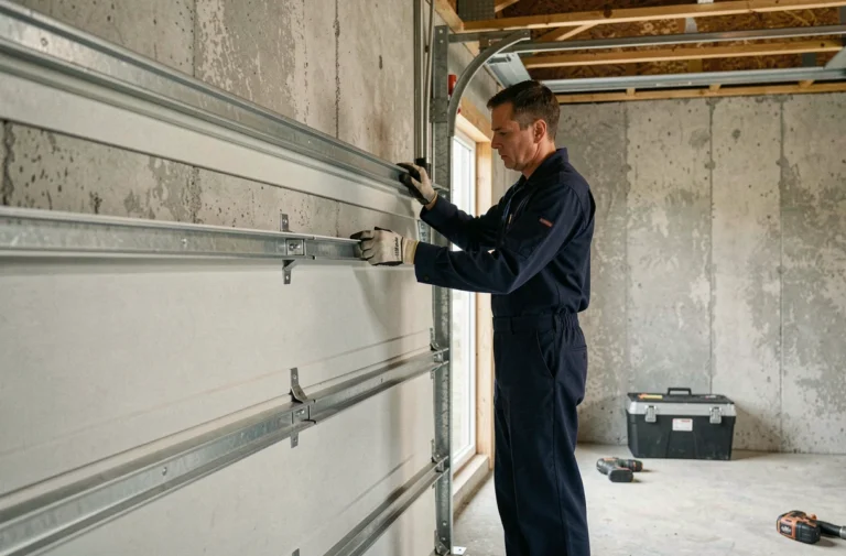 Installateur professionnel en train de poser les rails d'une porte de garage sectionnelle dans un garage en béton