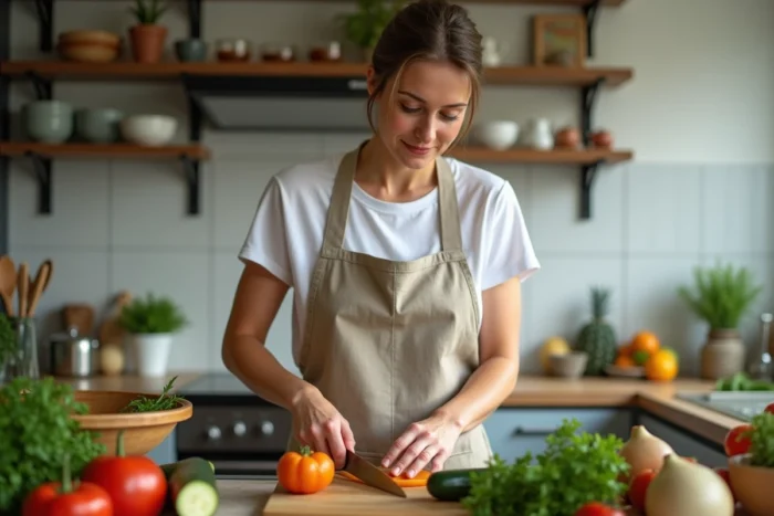Femme préparant des légumes frais sur une planche en bois dans une cuisine familiale chaleureuse