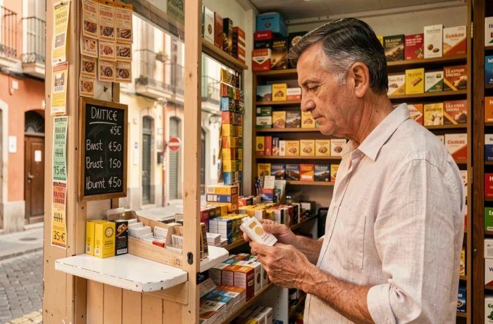 Un homme d'âge mûr examine un paquet de cigarettes devant un kiosque à tabac barcelonais, avec des prix affichés en euros