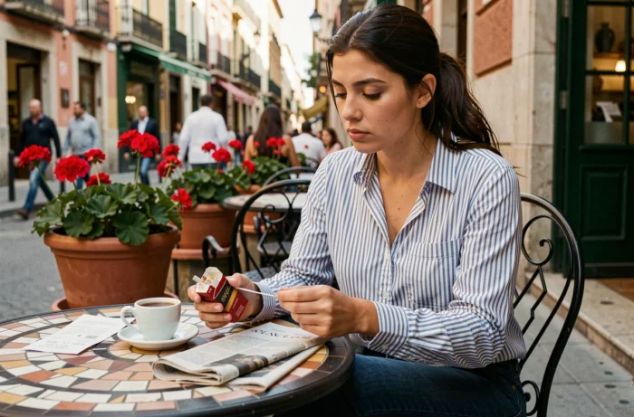 Une jeune femme espagnole réfléchit au prix de ses cigarettes en consultant un reçu sur une terrasse de café madrilène