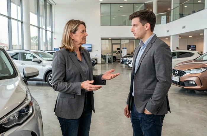 Professionnelle de l'automobile expliquant du vocabulaire technique à un collègue dans un showroom moderne, en lien avec le jargon automobile et le terme camtar