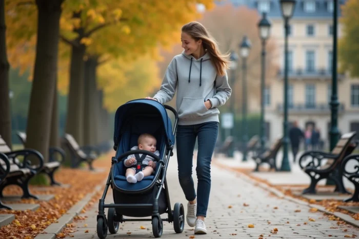 Jeune baby-sitter promenant un nourrisson en poussette dans un parc urbain de Besançon en automne
