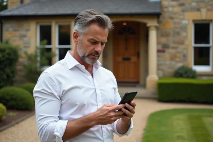 Propriétaire consultant une application d'estimation immobilière sur smartphone devant sa maison à vendre