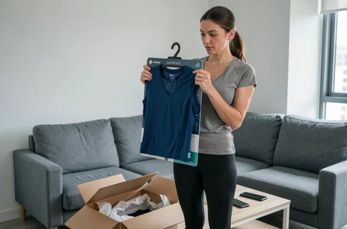 Femme évaluant la qualité d'un vêtement de sport reçu d'une commande Halara dans son salon