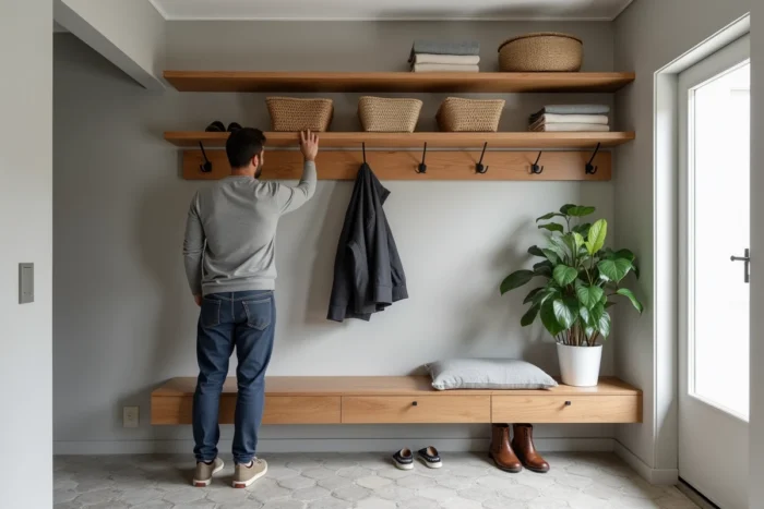 Rangement mural ouvert dans une entrée avec étagères en frêne naturel, patères et banc à chaussures, homme accrochant une veste