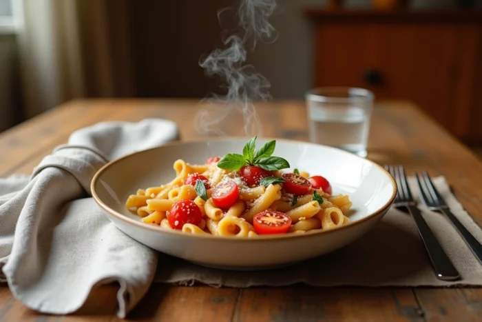 Assiette de pâtes maison aux tomates cerises et basilic frais sur une table en bois rustique