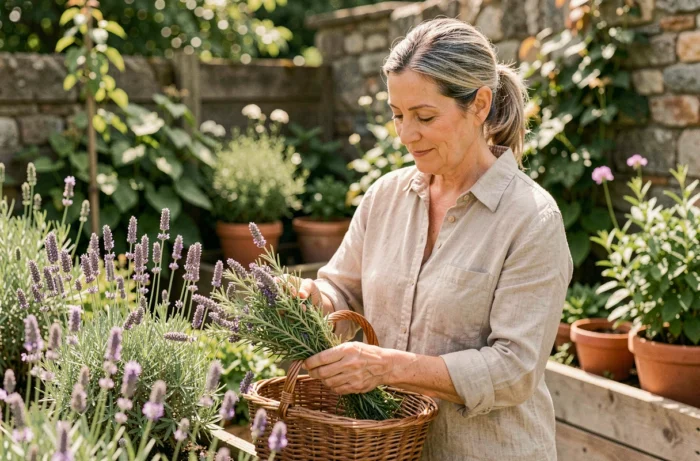 Femme récoltant de la lavande et du romarin dans un jardin pour préparer des soins de beauté naturels faits maison