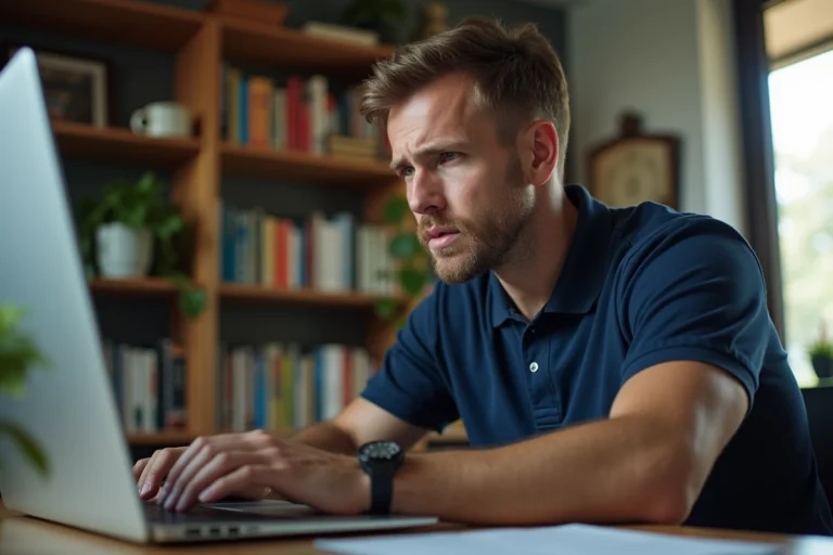 Homme assis devant un ordinateur portable tentant de récupérer son mot de passe oublié sur Footclub login FFF