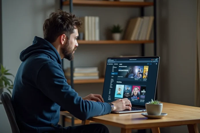 Homme visionnant des séries en ligne sur ordinateur portable sans créer de compte