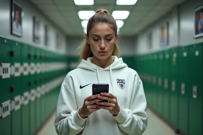 Femme en tenue sportive consultant son téléphone pour réinitialiser son mot de passe sur l'application Footclub FFF
