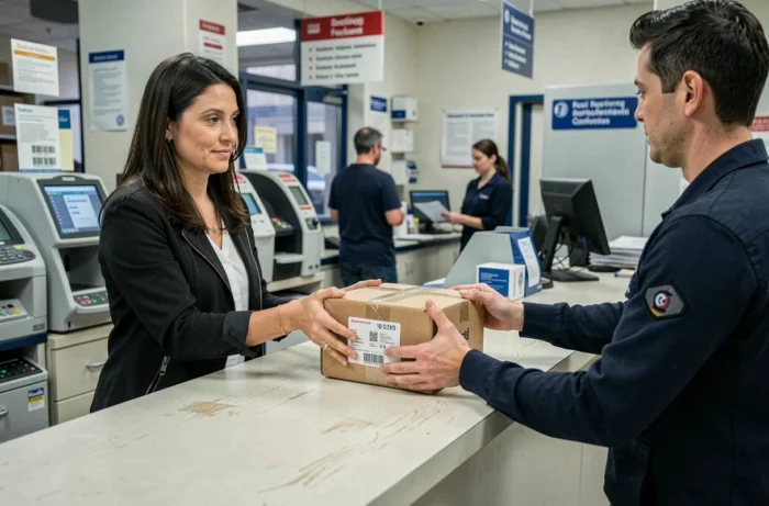 Femme déposant un colis de retour dans un bureau de poste pour un remboursement de commande Halara France